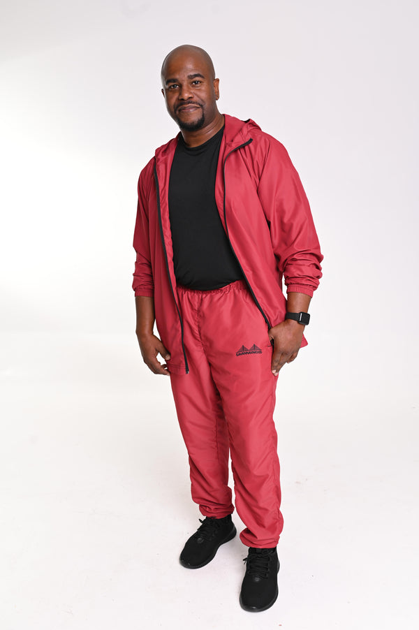 Carmine red and black windbreaker jacket and unisex pants for men and women