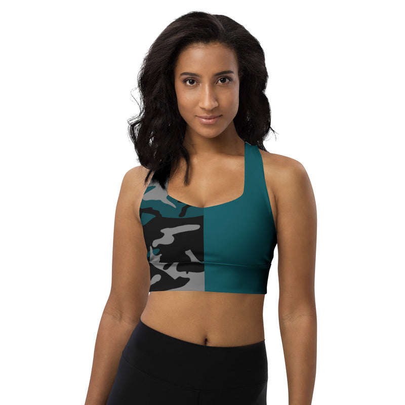 Longline sports bra Gray, Teal, and Black Camouflage - SAVANNAHWOOD