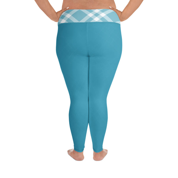 Plus Size Leggings Teal Blue and White Gingham - SAVANNAHWOOD