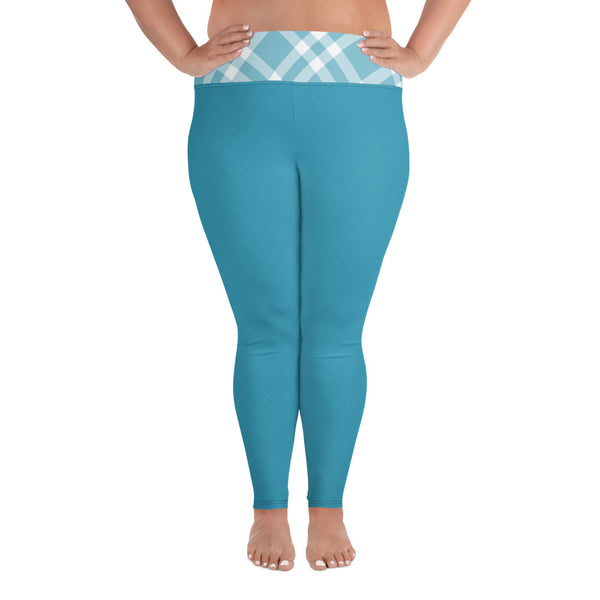 Plus Size Leggings Teal Blue and White Gingham - SAVANNAHWOOD