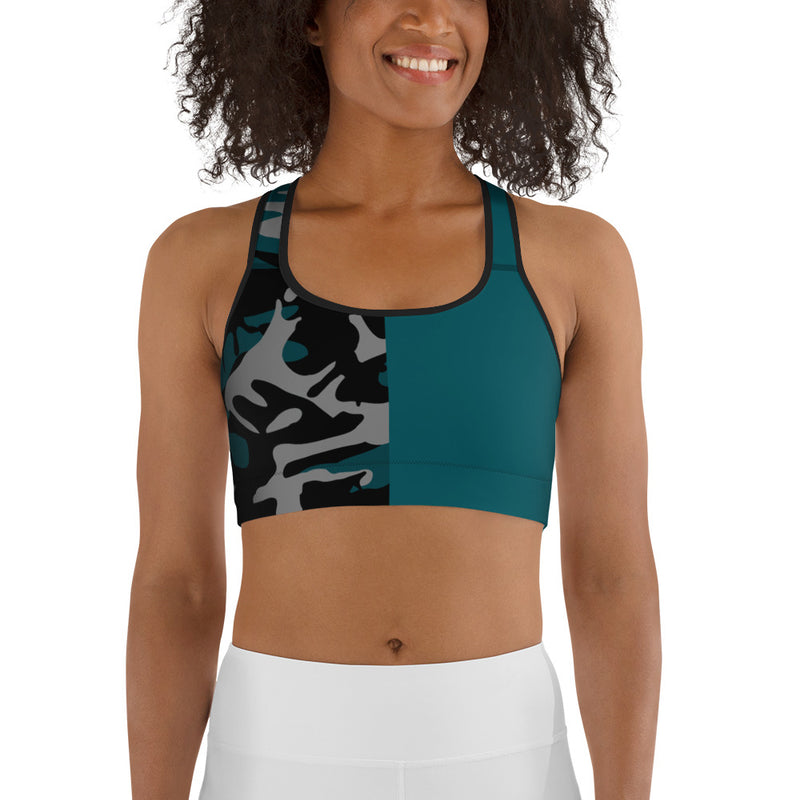 Gray, Teal and Black Camouflage Sports bra - SAVANNAHWOOD