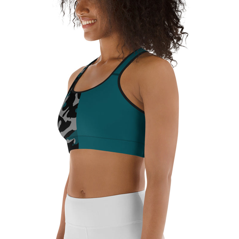 Gray, Teal and Black Camouflage Sports bra - SAVANNAHWOOD