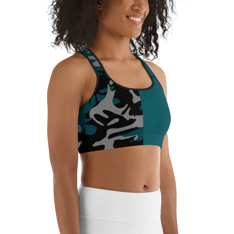 Gray, Teal and Black Camouflage Sports bra - SAVANNAHWOOD