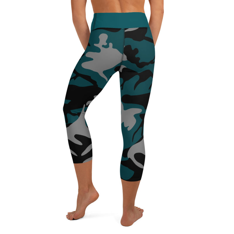 Gray, Teal and Black Camouflage Yoga Capri Leggings - SAVANNAHWOOD