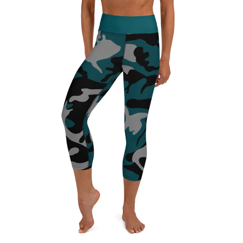 Gray, Teal and Black Camouflage Yoga Capri Leggings - SAVANNAHWOOD