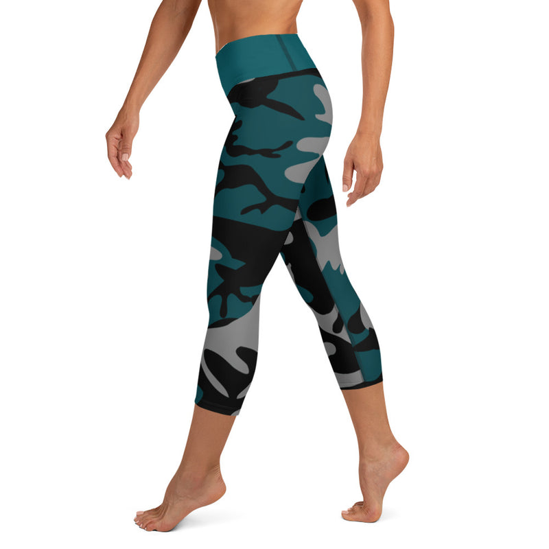 Gray, Teal and Black Camouflage Yoga Capri Leggings - SAVANNAHWOOD