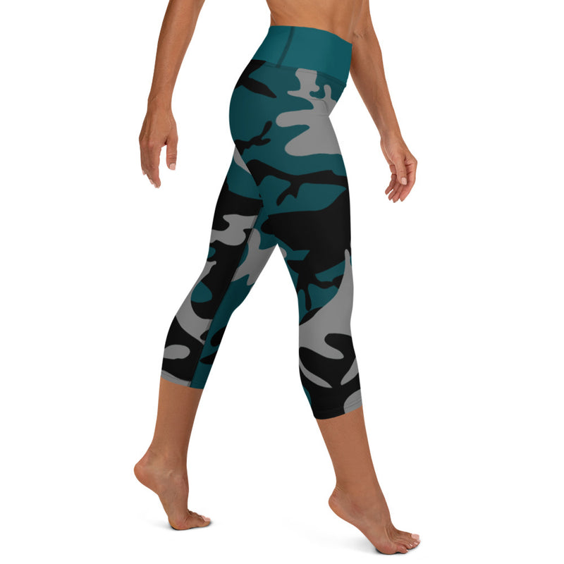 Gray, Teal and Black Camouflage Yoga Capri Leggings - SAVANNAHWOOD