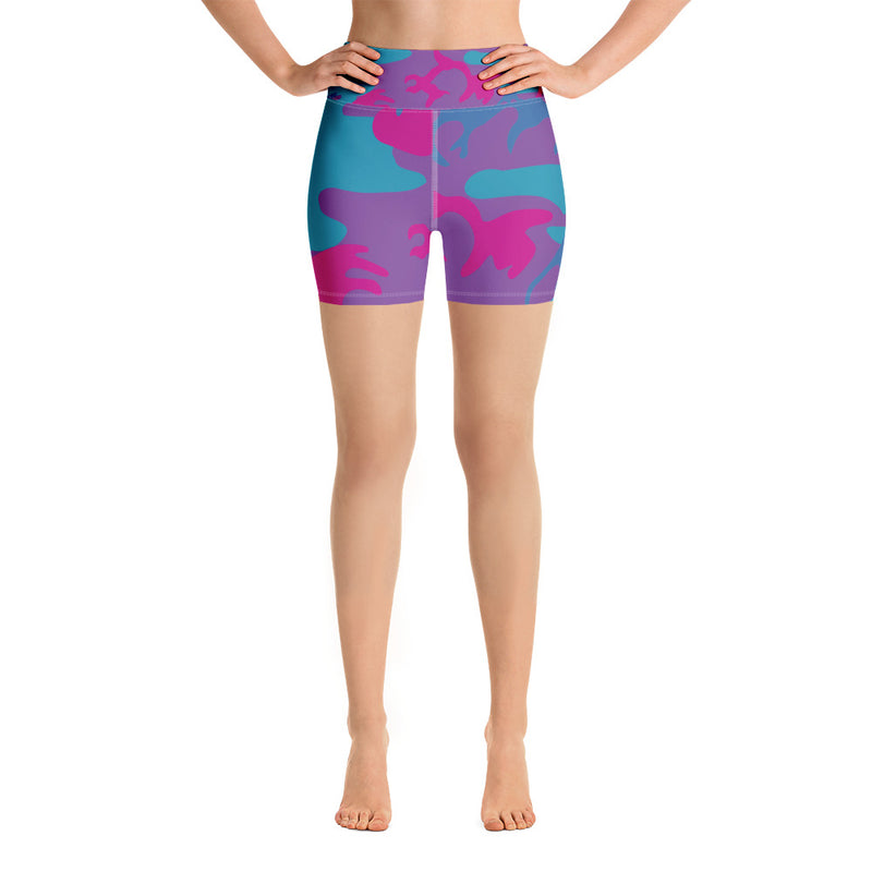 Teal, Purple and Hot Pink Camouflage Yoga Shorts - SAVANNAHWOOD