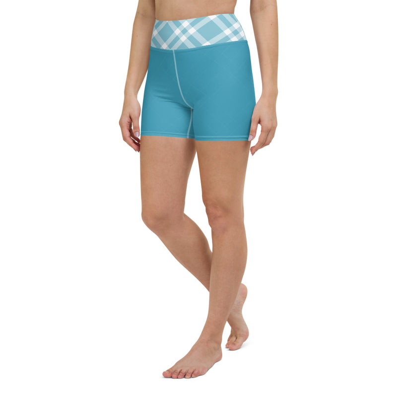 Teal Blue Gingham Yoga Shorts - SAVANNAHWOOD